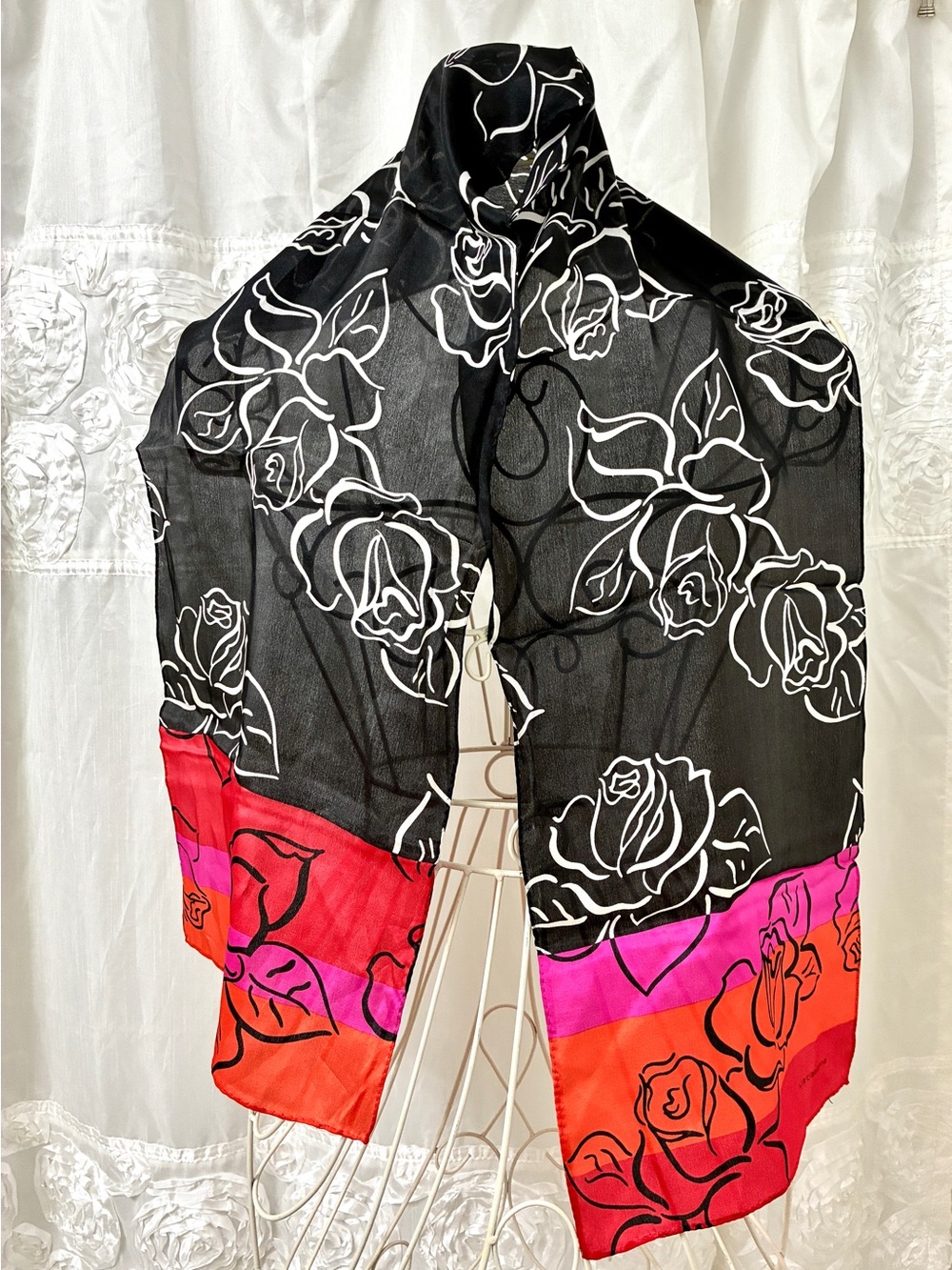 Vintage Liz Claiborne roses Black Sheer silk Scarf with Pink and Red Border